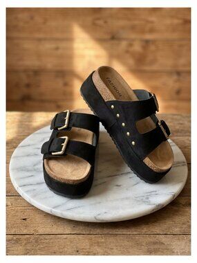 Platform Sandals Cork Footbed Slides Double Buckles Open Toe